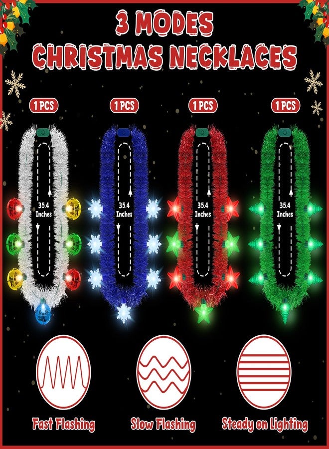 Traplace 4 PCS Christmas Lights Necklace, 4 Kinds of Colors Tinsel Christmas Light up Necklace, 3 Modes Xmas Party Favors for Adults, Ugly Xmas Sweater Accessories for Family Office Holiday Parties - Image 2